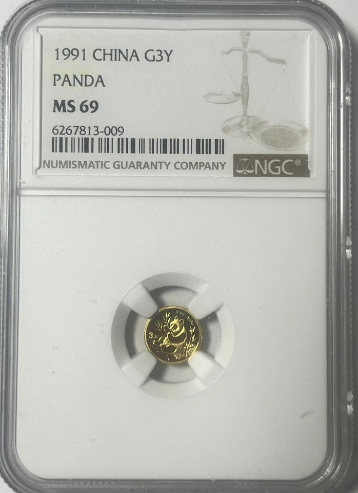China 1991 3 Yuan 10th Anniversary Panda Gold Coin 1 g	NGC MS69 - Image 1 of 2