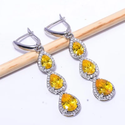 Yellow Sapphire - Simulated, Cubic Zirconia 925 Sterling Silver Earring 2.11" E1 - Image 1 of 4