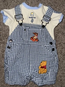VTG Y2K Disney Winnie the Pooh Embroidered Shortall Outfit Blue Plaid 6-9 M - Picture 1 of 13