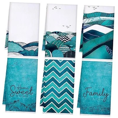  6 Pcs Teal Kitchen Towels Turquoise Dish Hand Turquoise Color Geometric Style - Image 1 of 4