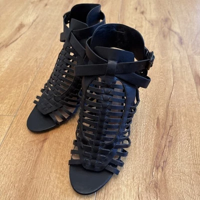 Bamboo Faith 13S 女式编织绑带粗跟凉鞋黑色 8.5 码波西米亚 — 第 1/4 张图片