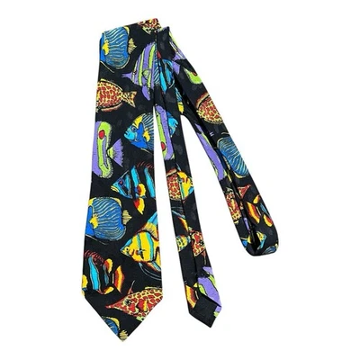 Винтажный 1980-х 100% шелк привлекательность новинка шеи галстук тропических рыб черный 59 x 3,75" - Изображение 1 из 4