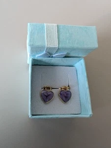 Cute Purple Heart Drop Earrings With A Hinged Clasp Gold Coloured Back - Picture 1 of 4