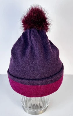 Bettina 100 кашемир Beanie с Fox Pom Pom фиолетовый сливы новый с Ярлыками - Изображение 1 из 4