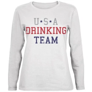 4th of July USA Drinking Team White Womens Long Sleeve T-Shirt - Picture 1 of 1