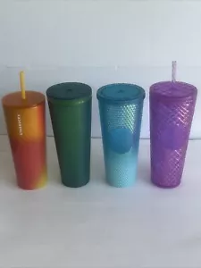 LOTTO DI 4 24 once Starbucks Cold Tumblers Ghiacciaio Blu Ombre Verde Viola Borchie - Foto 1 di 5