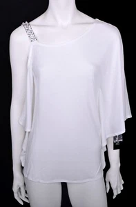 NWT INC BRIGHT WHITE SOFT RAYON JERSEY JEWELED ONE SHOULDER DOLMAN TOP SMALL S - Picture 1 of 5