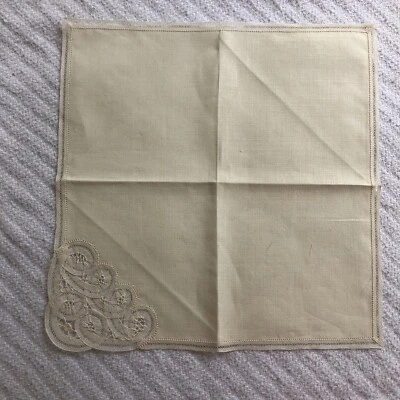 Embroidered Linen Handkerchief Off-White Ivory Lace Trim Bridal 11.5in Square - Image 1 of 4