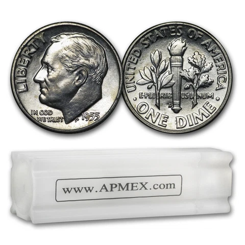 1955 Roosevelt Dime 50-Coin Roll BU - SKU#9372 Cover