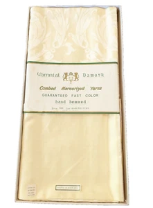 Vintage Damask Gold Tablecloth 86 x 66 with 8 Napkins Set French Hand Hemmed - Picture 1 of 10