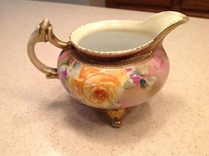 Antica crema floreale vintage Gorgeou dipinta a mano bordo oro 3 piedi - Foto 1 di 12