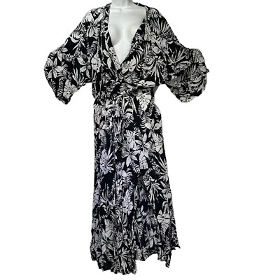 Roaman's Women's Plus Size 18/20 Crinkle Black Island Leaves Wrap Maxi Dress - Image 1 of 4