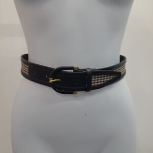 Aquascutum Belt Size 26" 65cm Black Leather Beige Check Womens RMF05-LW