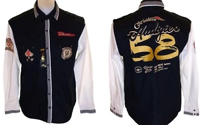 Nuevo Para hombres Christian Audigier Mangas Largas Perla Prensa Tachuelas Botón Camisa Bolsillos Foto 1 de 3