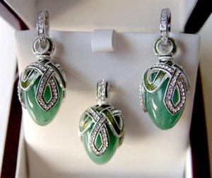 ENAMEL EGG PENDANT & EARRINGS SET STERLING 925 GENUINE GREEN JADE SUPERB QUALITY - Picture 1 of 2