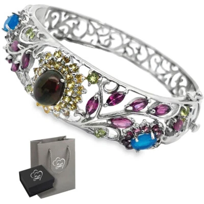 Echte Saphir Opal Peridot Rhodolith 925 Silber Armreifen Geschenk für Frau Damen - Bild 1 von 3