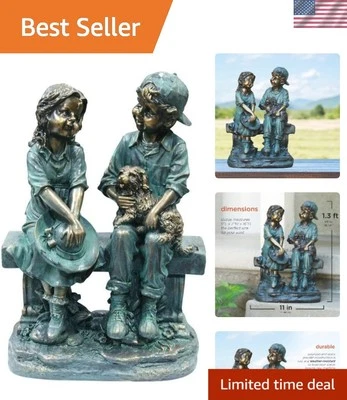 Antigua estatua exterior de 16 pulgadas con acabado de bronce de niños y perros - decoración duradera Foto 1 de 4