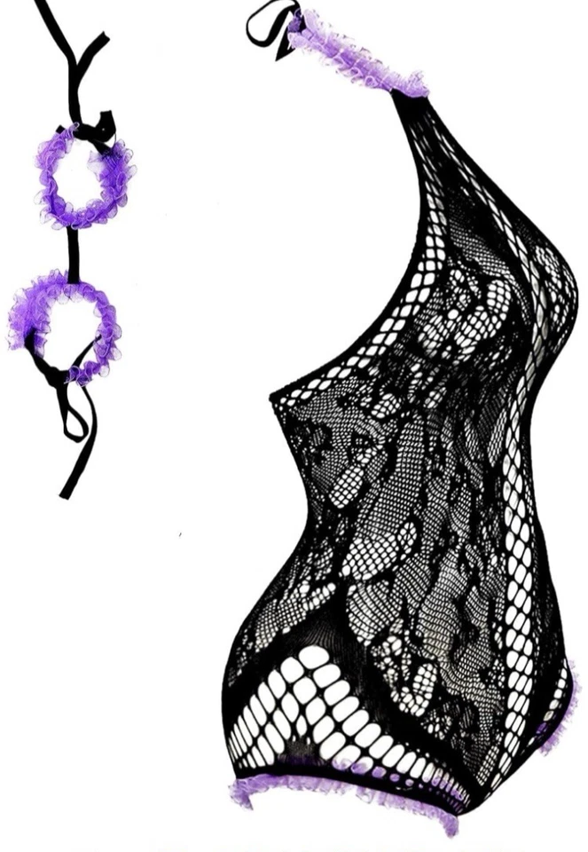 Body lencería con correas de espagueti de peluche de red negro lavanda C238 Foto 1 de 1