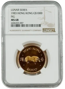 1983 Hong Kong 1000 $ Gold Lunar Series Year of the Pig 0,4708 oz NGC MS 68 - Bild 1 von 2