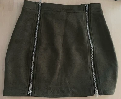 深橄榄绿色人造麂皮绒双拉链细节迷你裙尺寸 2 Petite UK 6 — 第 1/4 张图片