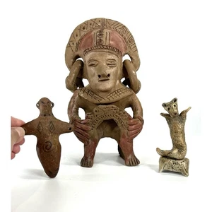 Vintage Maya Ton Azteken Keramik und unbekannte Tonfigur 3er Set Sammlerstück LESEN - Bild 1 von 11