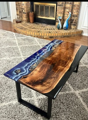 Ocean Wave Epoxy Resin Coffee Table Blue Epoxy Dining Table Epoxy Counter  Top - Image 1 of 4