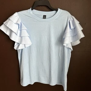 Haut chemisier femme Shein taille L manches courtes à volants bleu clair - Photo 1/4