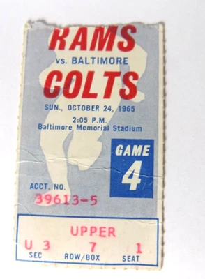 NFL BALTIMORE COLTS vs LOS ANGELES RAMS OCT 24 1965 FOOTBALL VINTAGE TICKET STUB - Image 1 of 4