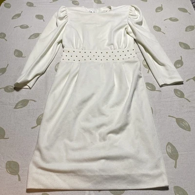 Vintage Leslie Fay Knits White Dress Long Sleeve 100% Polyester Sz 10.         Z - Image 1 of 4