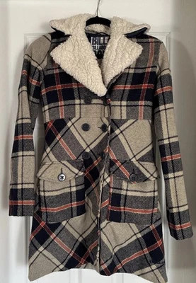 Billabong 格子孔雀尺寸小号棕褐色海军蓝橙色双排扣羊毛领 — 第 1/4 张图片