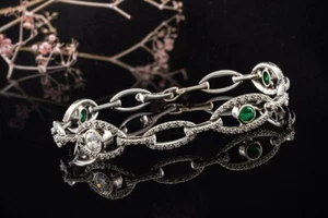 Art deco Armband mit Smaragd und Diamanten Brillanten in 585er Weißgold Schmuck - Bild 1 von 14