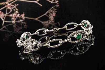 Art deco Armband mit Smaragd und Diamanten Brillanten in 585er Weißgold Schmuck - Bild 1 von 4