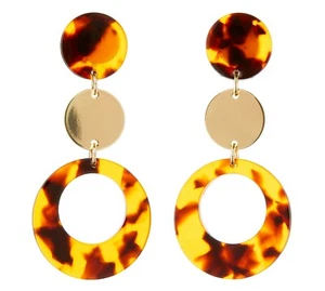 Brown Clip On Earrings gold drop dangle with tortoise shell acrylic - Edris B - Picture 1 of 3