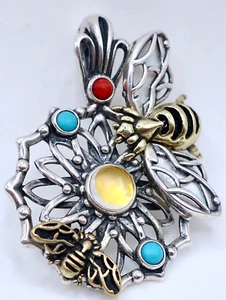 Carolyn Pollack Fritz Casuse Sterling Brass Bee Multi Gemstone Enhancer Pendant - Picture 1 of 9