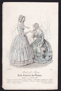 1844 Modes de Paris Petit Courrier de Dames blaues Kleid Gravur Druck Frankreich - Bild 1 von 3