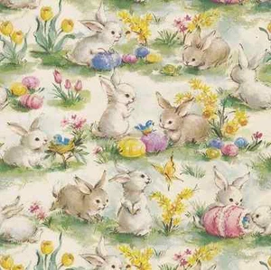 Vintage Easter Bunnies and Eggs Shabby Chic Retro 8x8 Cotton Fabric Block - Picture 1 of 1