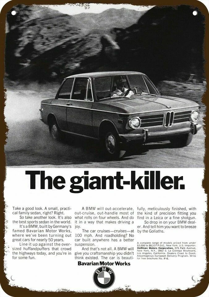 BMW 2002 1970 deportivo Giant Killer aspecto vintage réplica decorativa letrero de metal Foto 1 de 1