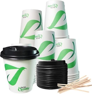 10oz Compostable Paper Cups with Black Dome Lids and Wooden Stirrers 200pcs - Picture 1 of 1