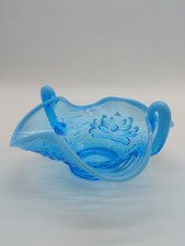 Vintage Glass Opalescent Blue Two Handled Bowl Ruffled Edge