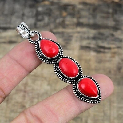 Corallo Rosso Gemma a Mano 925 Argento Sterling Ciondolo Gioielli Per Nozze Gift - Immagine 1 di 4