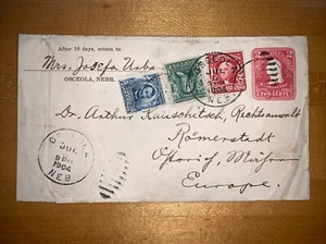 🏴☠️ US 1904 Osceola NEBR. nach Europa verbessertes Briefpapier. - Bild 1 von 3