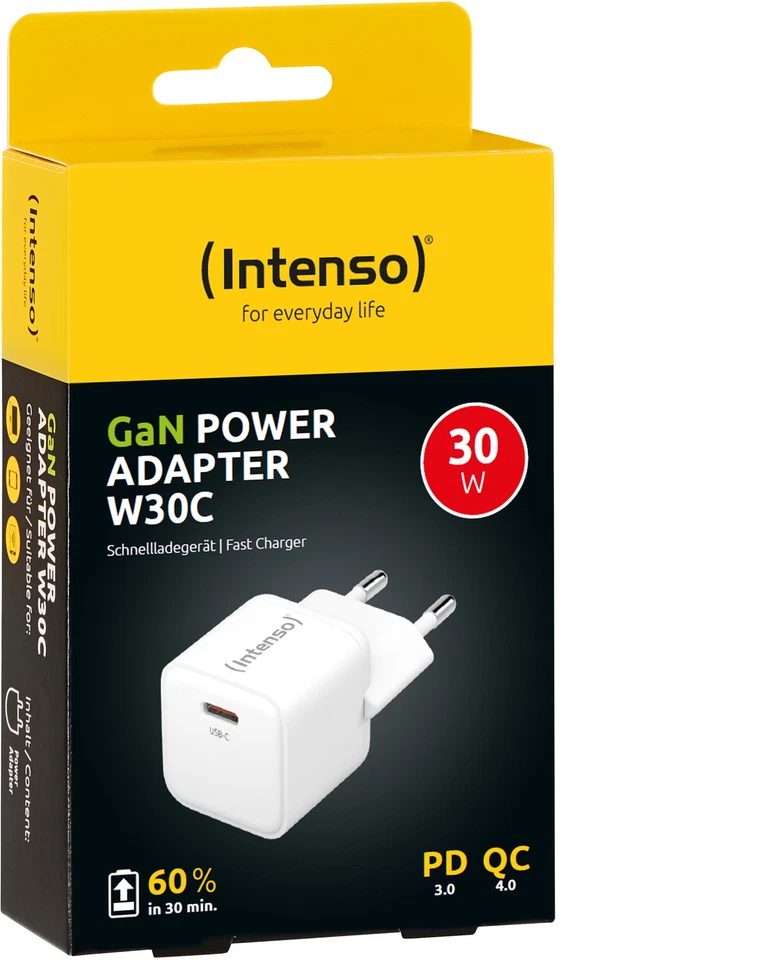 Intenso Ladegerät Power Adapter 30 Watt W30C GaN 1x USB-C für 1 Gerät weiß - Bild 1 von 1