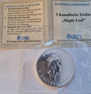 5 Kanadische Dollar " Maple Leaf  1992 Feinsilber Münze 38 mm , 1 Unze  - Bild 1 von 4