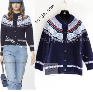 CHANEL 18N Coco Neige Navy Nordic Wool Knit Cardigan 38 40 US6 8 - Picture 1 of 23
