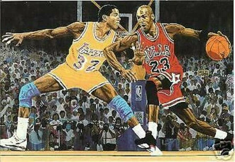 MICHAEL JORDAN CHICAGO BULLS MAGIC JOHNSON LA LAKERS POSTCARD  RICK RUSH Cover