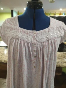 Eileen West Small Cotton Knit Nightgown Mid-Length Short Sleeve Gown White Pink - Picture 1 of 4