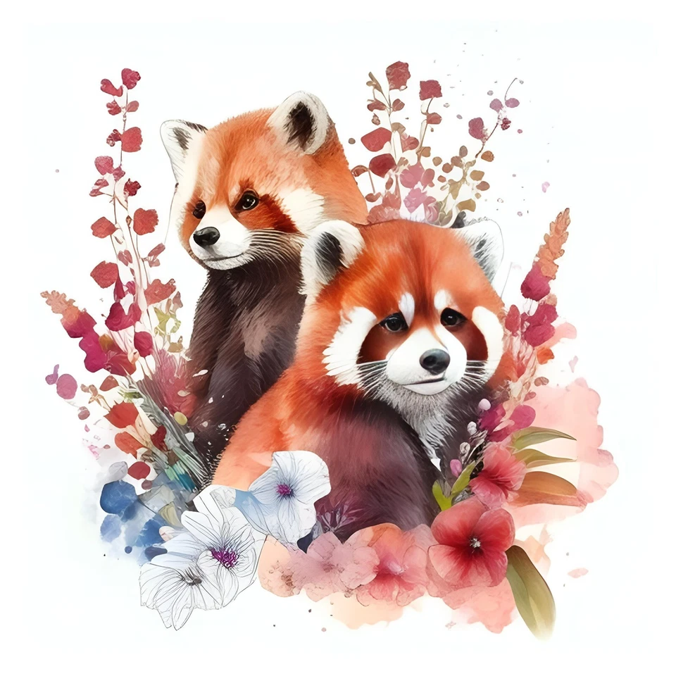 Colorful Watercolor Fantasy Red Panda Floral #8 - 8x8 Craft Cotton Fabric Block - Image 1 of 1