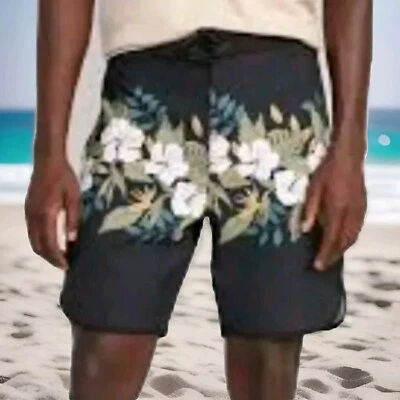 Bermuda de praia Old Navy flexível masculina 32 piscina tropical natação preta botânica nova com etiquetas - Imagem 1 de 4