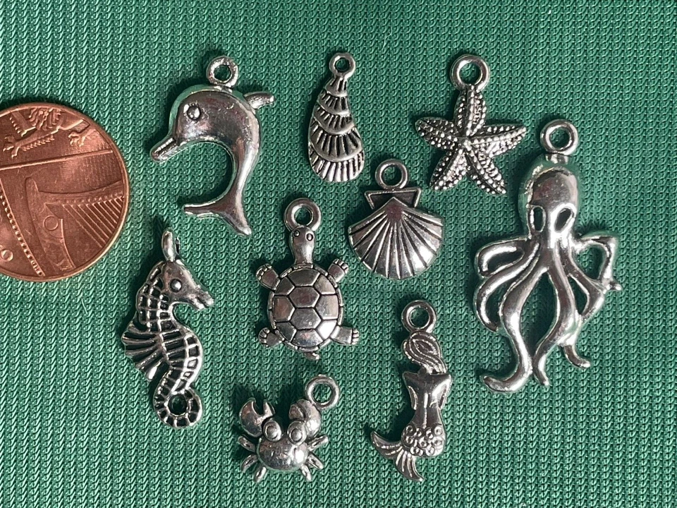 9 ciondoli misti vita marina - argento antico - pesce stella tartaruga cavalluccio marino guscio di granchio