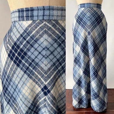 Maxi Falda Vintage Años 70 Azul Blanco Chevron Lana a Cuadros Largo Completo Vacaciones XS 24W Foto 1 de 4